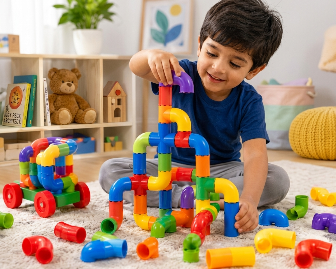 50+Pcs Pipe Puzzle Blocks Set for Kids – Creative Building Toys for 3-8 Year Old Boys & Girls – Educational Construction Toy for Learning & Indoor Play – Multicolor